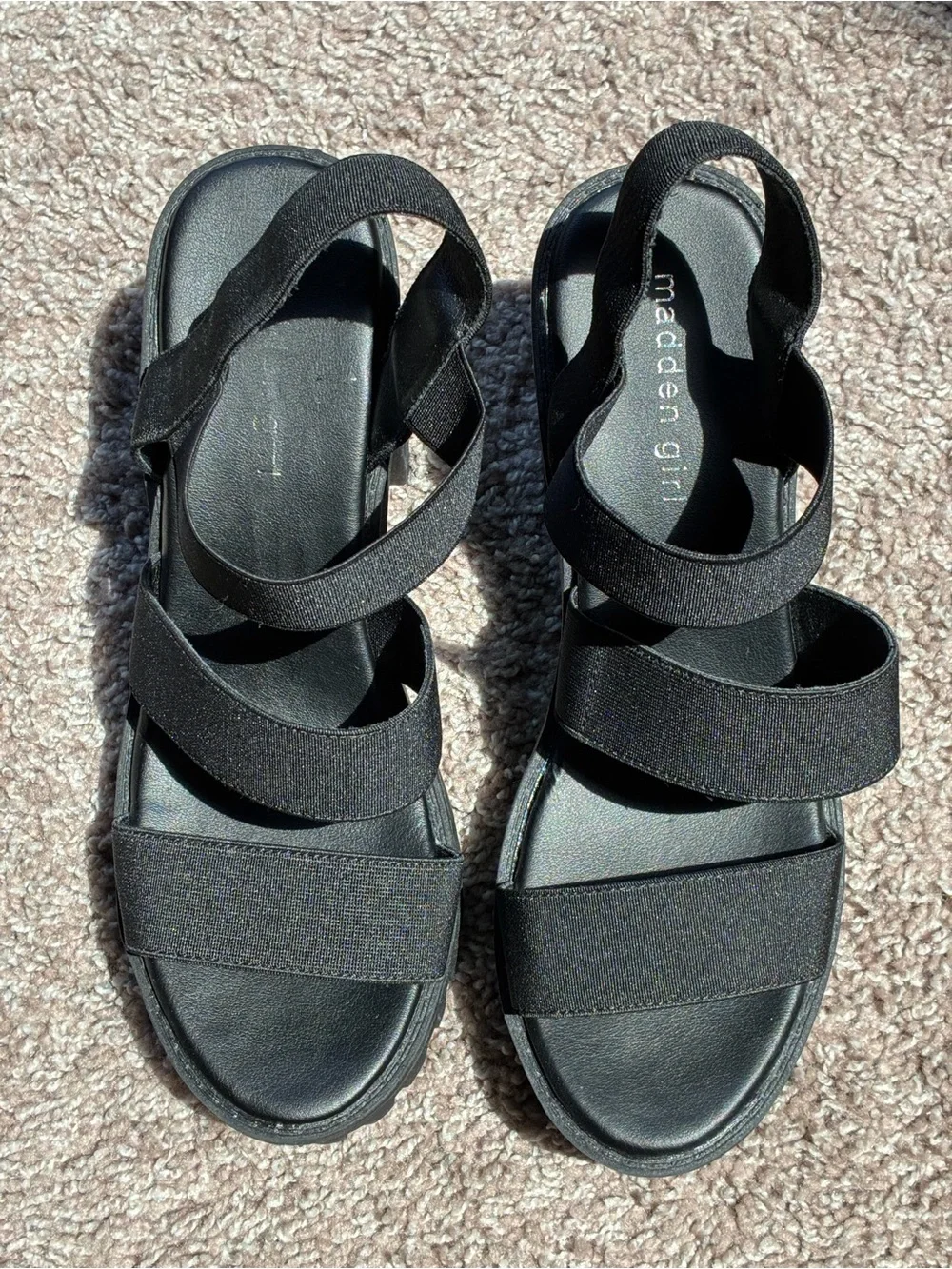 Black Lug Sole Chunky Platform Sandals with Wide Elastic Straps Size 8.5